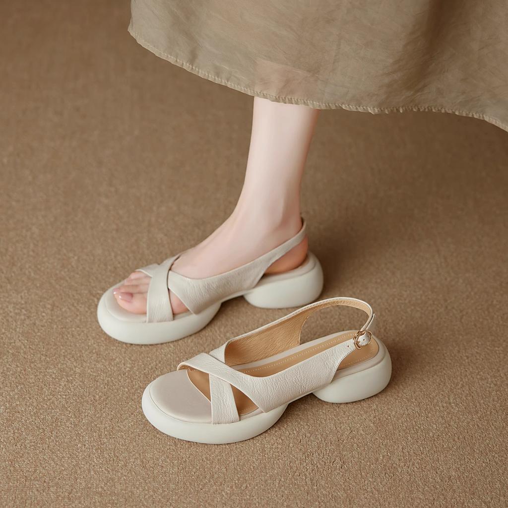 2025 new leather cross-strapped open-toed sandals women's summer comfortable outer wear thick-soled beautiful not tired feet small sandals