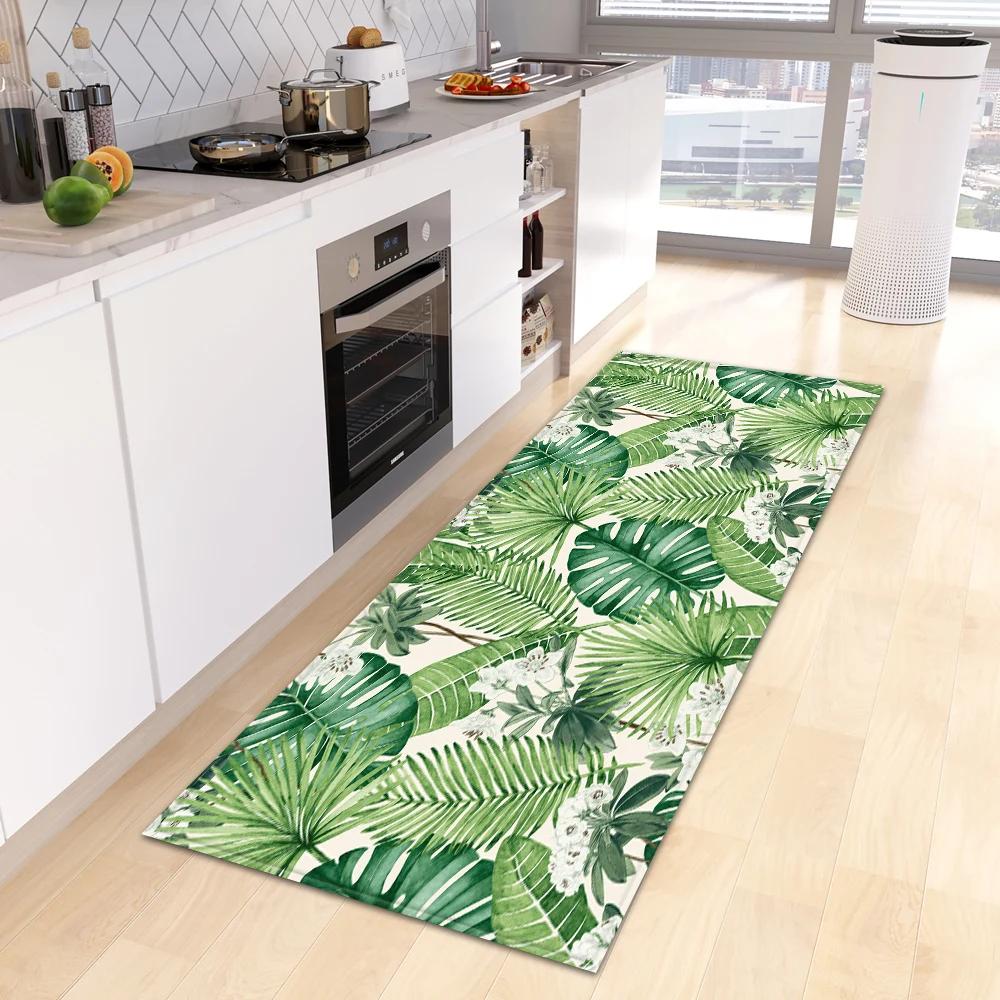 Green Tropical Leaves Kitchen Mat, Non-Slip Washable Entrance Doormat, Living Room Hallway Rugs, Bedside Carpet