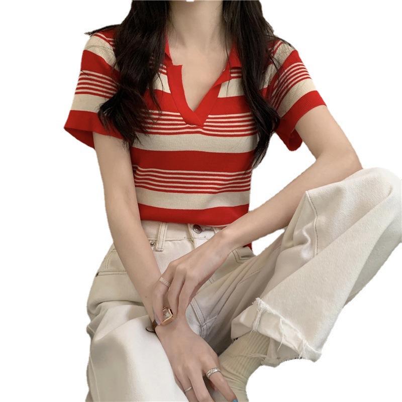 Women's Summer Striped Knitted Polo Collar Short Sleeve T-Shirt - 2022 Trendy Student Top