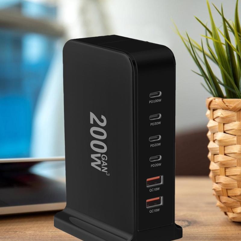 USB C Ladegerät 200W Schnellladegerät Block 6 Port Ladestation Ziegelstein Laptop-Ladegerät 2 USB + 4 Typ C für Reisen Zuhause