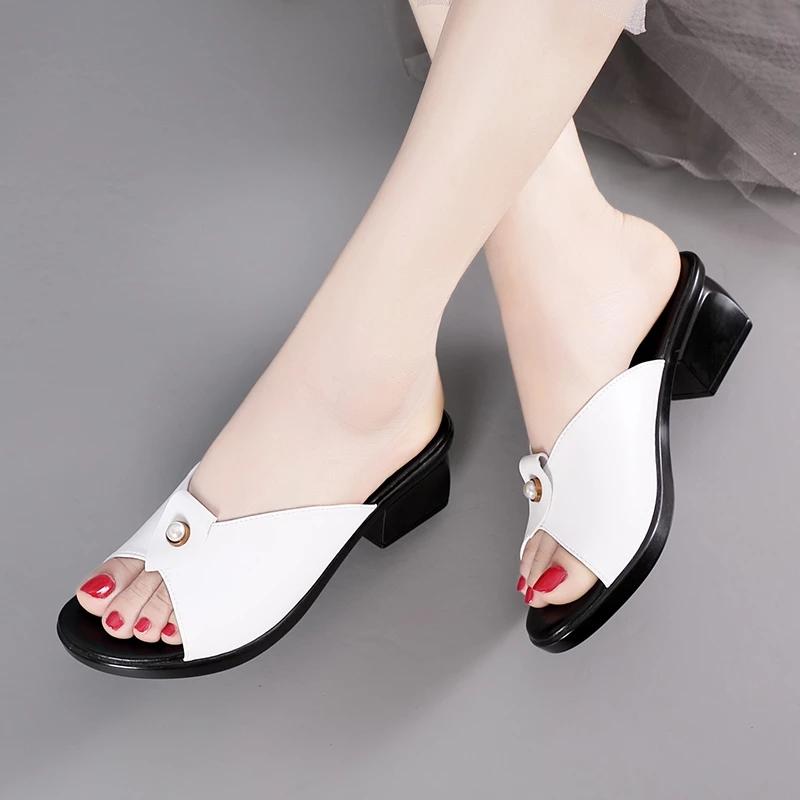 Buy Women's Slippers Sandals 2021 Summer Mid Heels Women Shoes