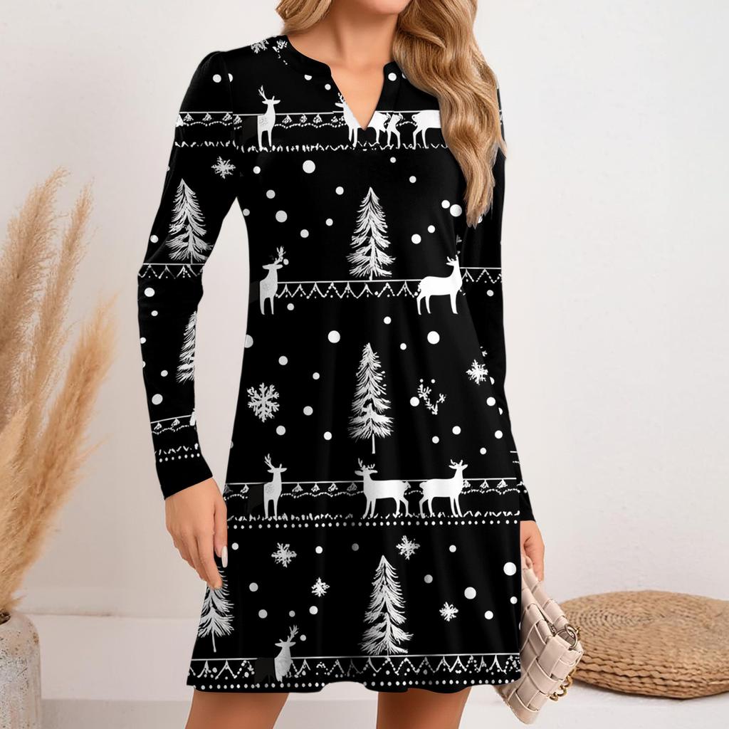 Dámské vánoční šaty s potiskem Volné šaty s výstřihem do V a dlouhým rukávem pro volný čas