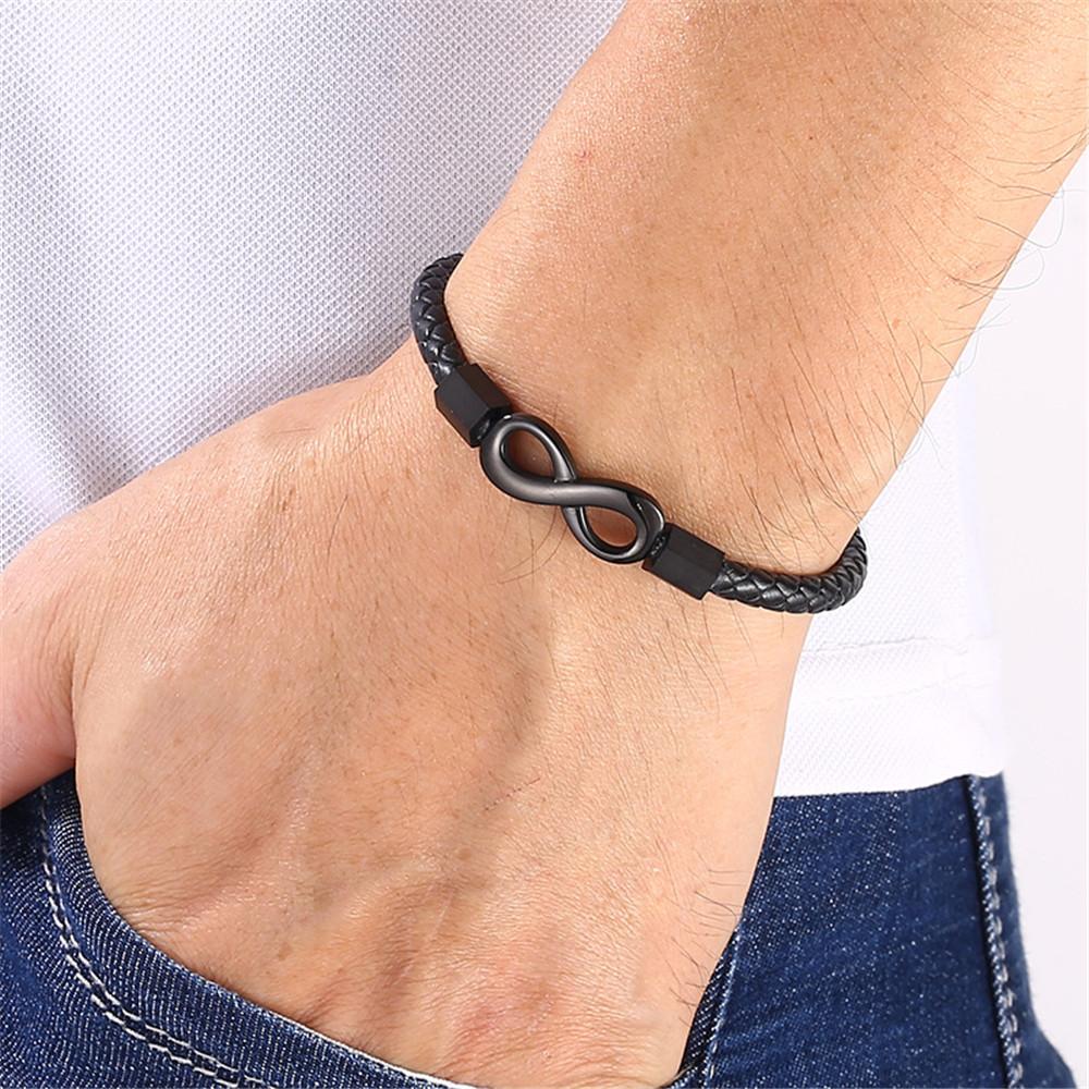 Classic NO.8 Men Women Infinity Bracelet Woven Braided Leather Bracelets 316L Stainless Steel Jewelry Gifts