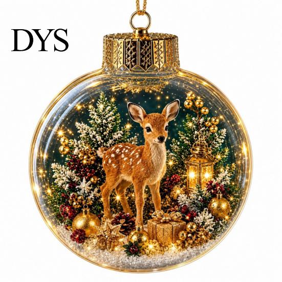 Christmas Party Hanging Trinkets 3D Faux Crystal Ball Ornaments with Warm LED Holiday Character Figurines Lights, Luminous Tree Pendant for Home Decor