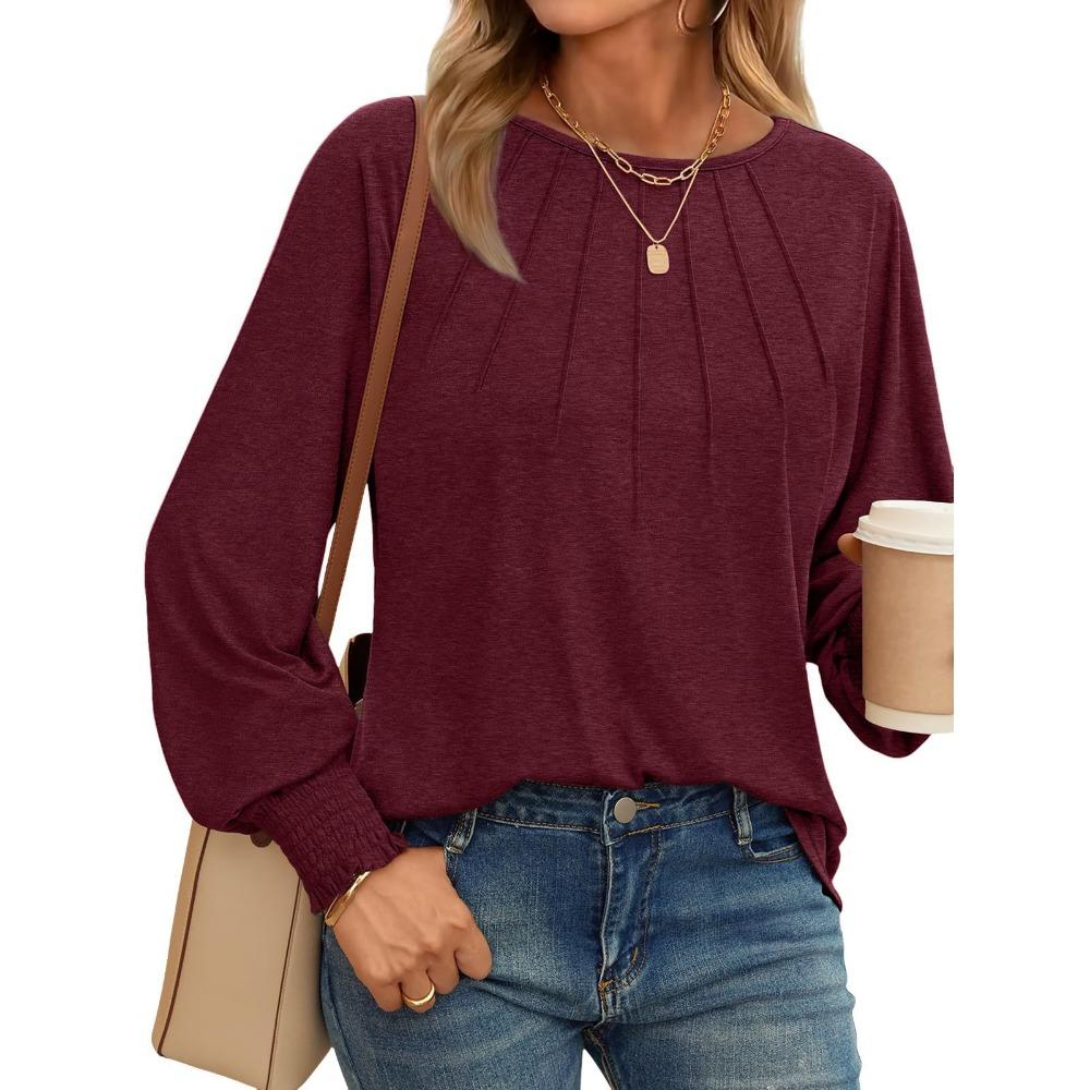 Round Neck Pleated Long Sleeve Casual Top T-shirt