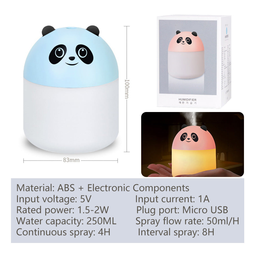 Umidificator Mini Drăguț Panda 250ml cu Lumină de Noapte Difuzor Ulei Esențial USB Generator de Ceață Odorizant Auto pentru Dormitor Birou