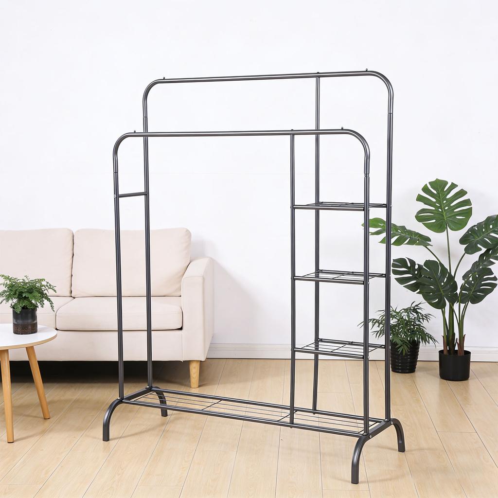 Rolling Double Rods Clothes Rack Space Saving Strong Load Bearing Stainless Steel Standing Garment Rack for Coats