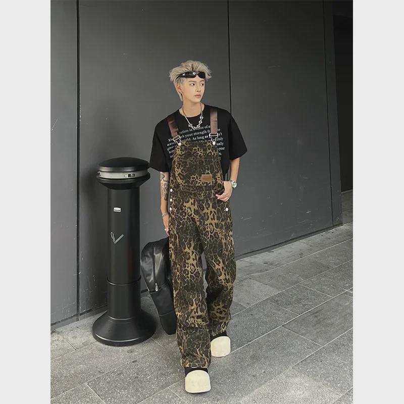 Unisex Retro Leopard Print Denim Overalls - Trendy, Loose-Fit American-Style Jumpsuit