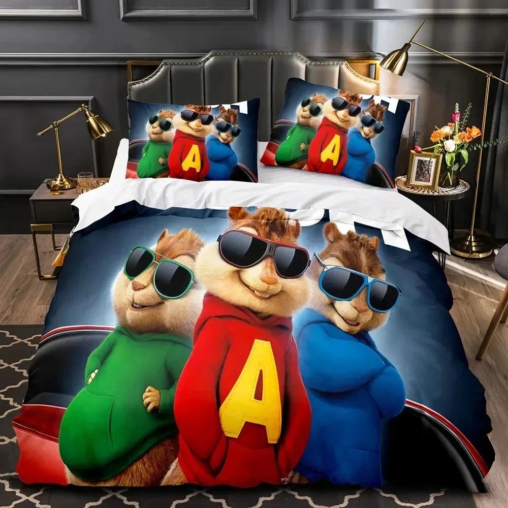 3D Printed Cartoon Chipmunks Alvin Bedding Set Duvet Cover Bed Set Quilt Cover Pillowcase Comforter King Queen Size Boys Adult