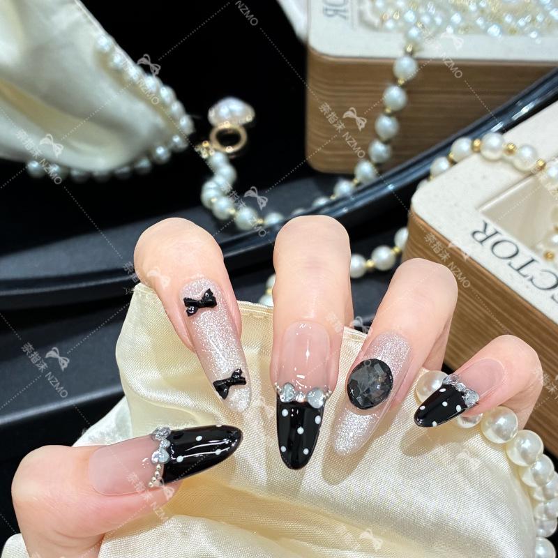 L43 Black French Bow Handmade Wearable Nails S (Long Oval)