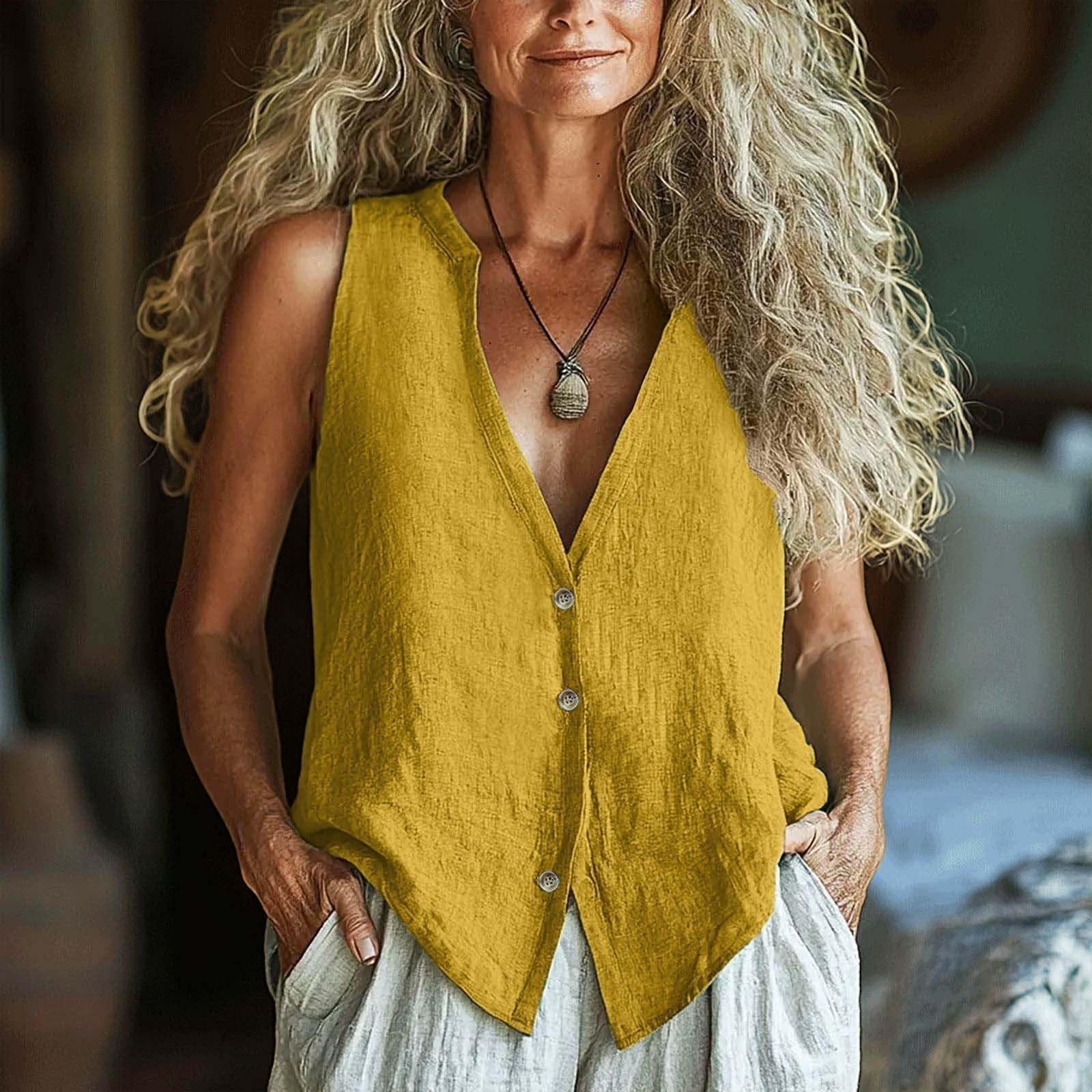 

Женский модный однотонный свободный топ без рукавов с V-образным вырезом XL жёлтый