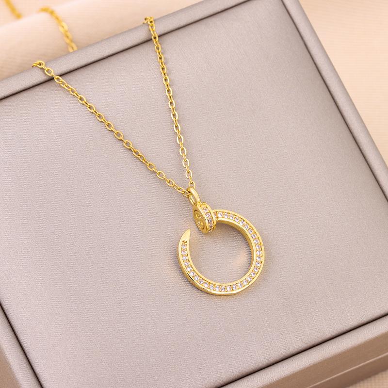 Trendy 18K Gold Plated Zircon Crystal Pendant Stainless Steel Necklace for Women Female Clavicle Chain Jewelry Lady Accessories