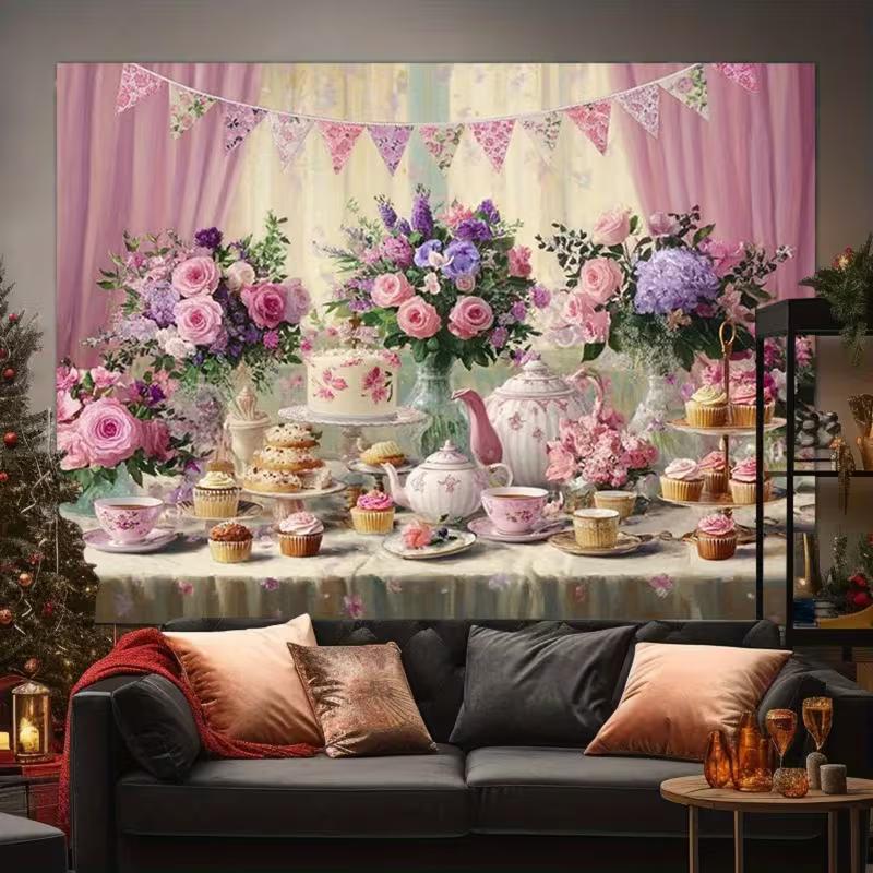 2D Elegant Tea Party Backdrop, Floral & Cupcake Garden Party Decoration