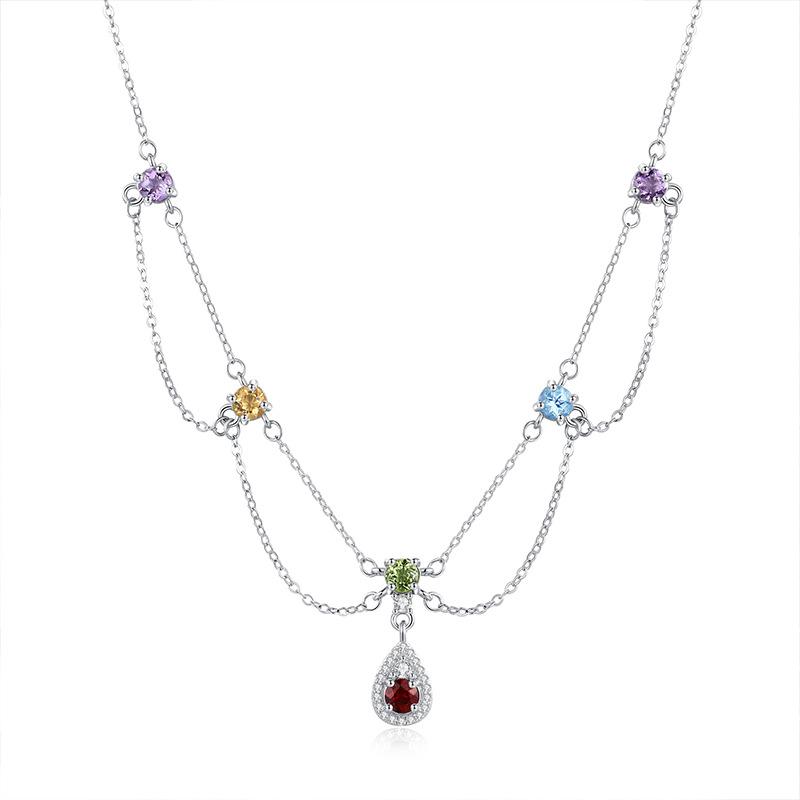 Natural crystal stone rainbow inlaid necklace S925 sterling silver collarbone chain high-end temperament fashion retro jewelry gift 925 silver