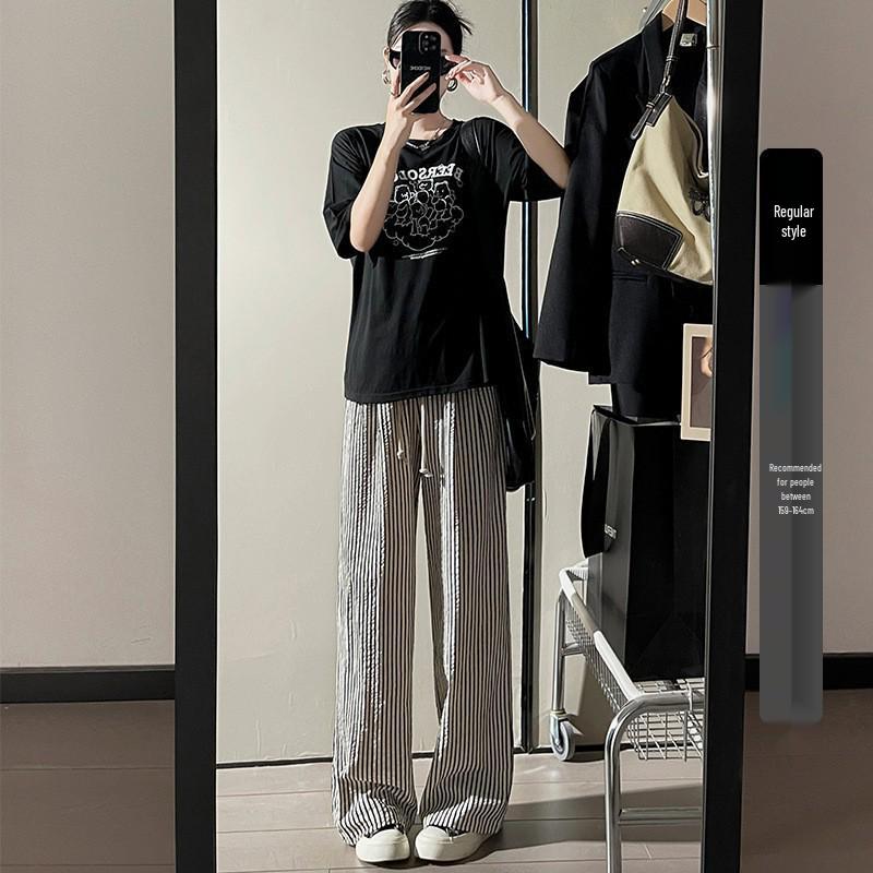 Women s Summer 2025 Striped High-Waisted Wide-Leg Casual Pants Extra Large