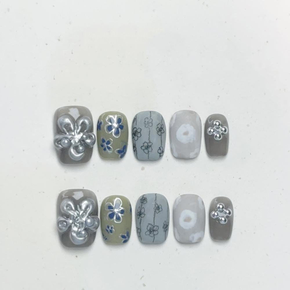 Handmade Cat Eye Short Square Oval Press On Nails With Bowknot Pearl Diamond Flower Star Decor Detachable Full Cover