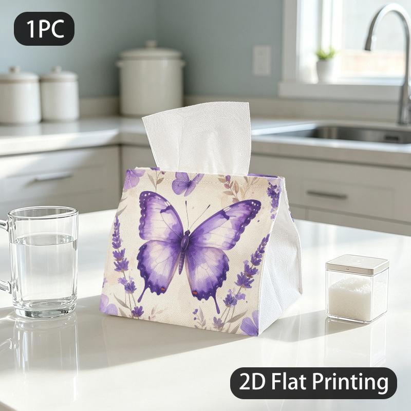 1pc Tissue Box, Watercolor Purple Butterflies Lavender Soft Elegance Pattern, 2D Flat Printing, Dust Blocking, Washable, Tissue Organizer, for Daily U