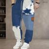 Men Plus Size Blue White Printed Drawstring Jogger Pants Side Pockets Cuffed Ankle Long Trousers