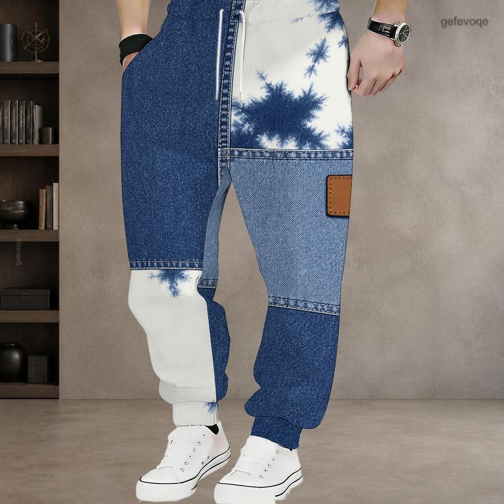 Men Plus Size Blue White Printed Drawstring Jogger Pants Side Pockets Cuffed Ankle Long Trousers