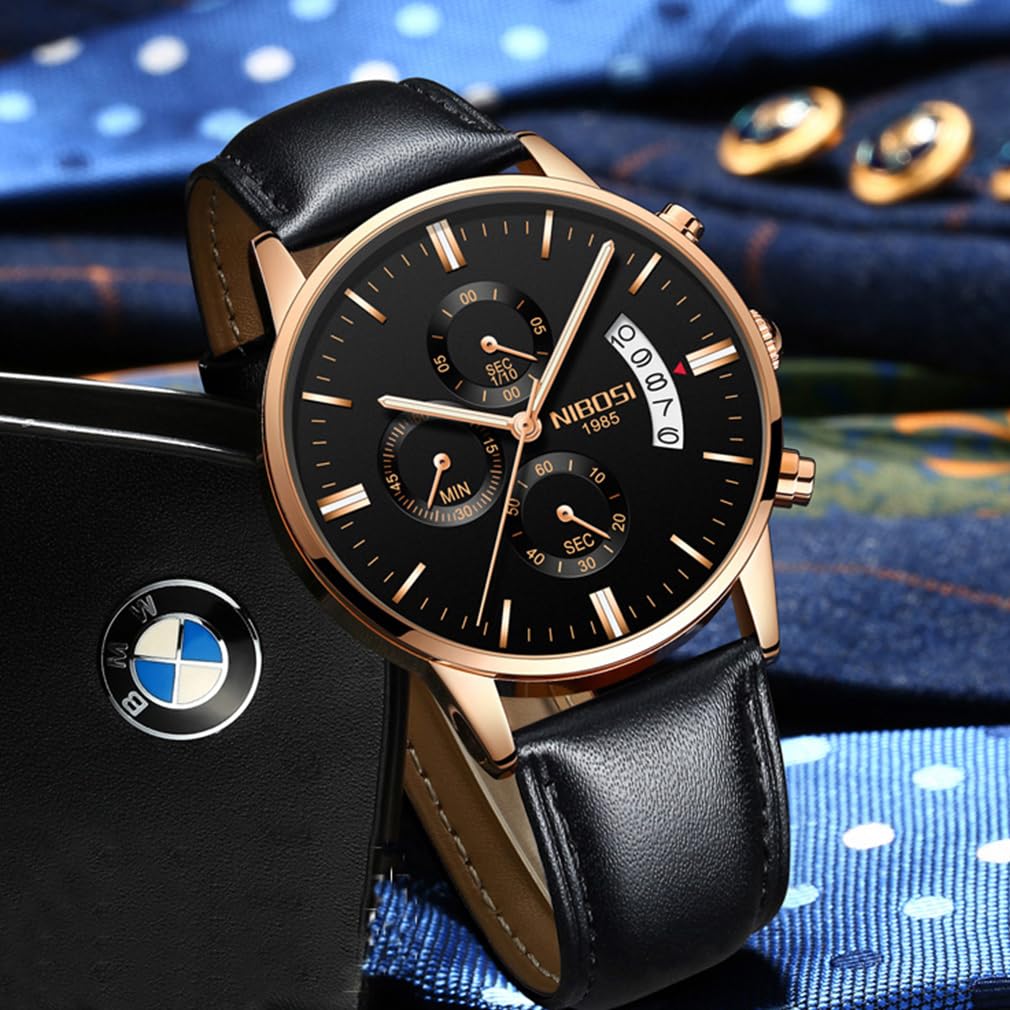 NIBOSI Men's Watch Leather Strap Chronograph Waterproof Brand Analog Business Wristwatch Stylish Casual Big Face Gentleman Luxury Gift Gold Black
