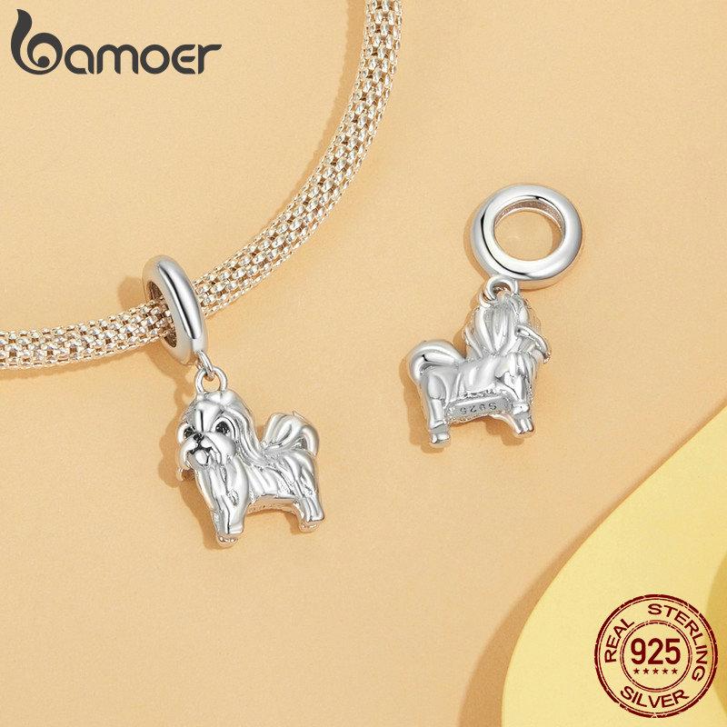 BAMOER Gold Plated Pet Dog Charm Beads for Charm Bracelet, Genuine 925 Sterling Silver Border Collie Dachshund Schnauzer Pendant