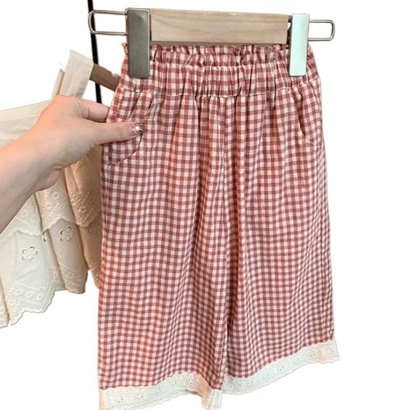 Cute Pink Summer Set For Girls Featuring Stylish Plaid Dress And Lace Trim Top For Ages Eight And Up