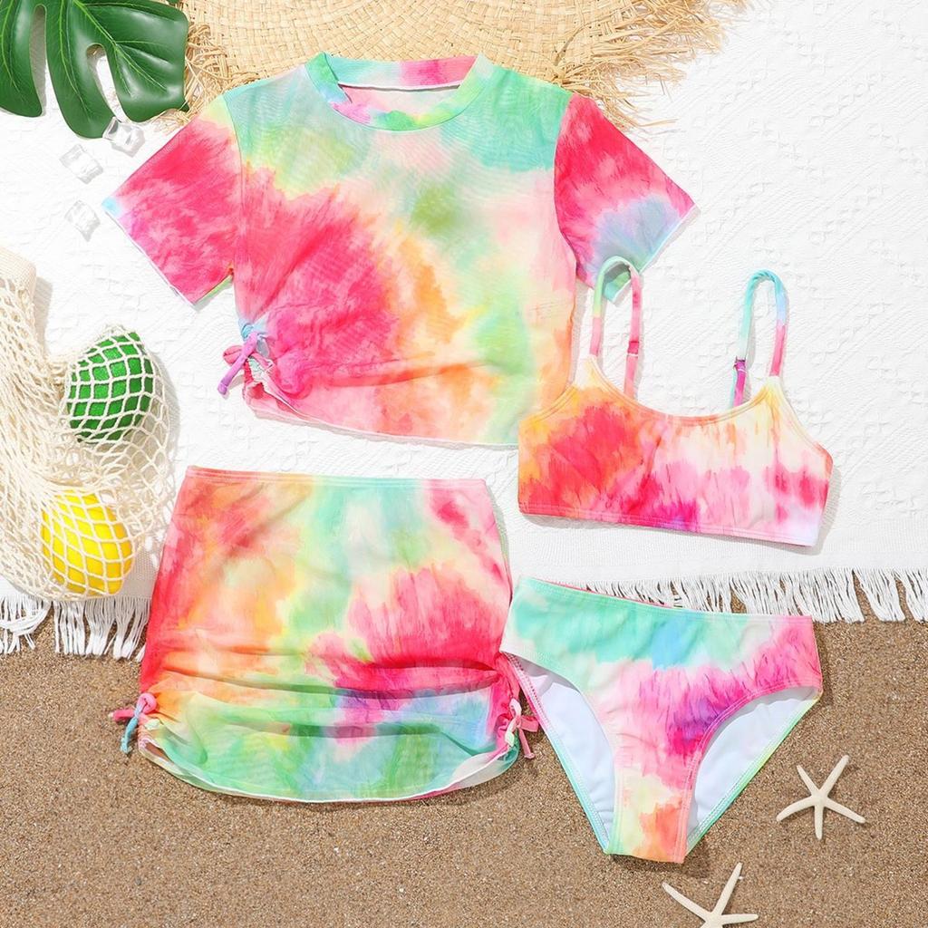 Girls Three Piece Swimsuit Set High Waist Bottoms with Mesh Skirt and Short Sleeve Cover Up Top for Kids Summer Beachwear
