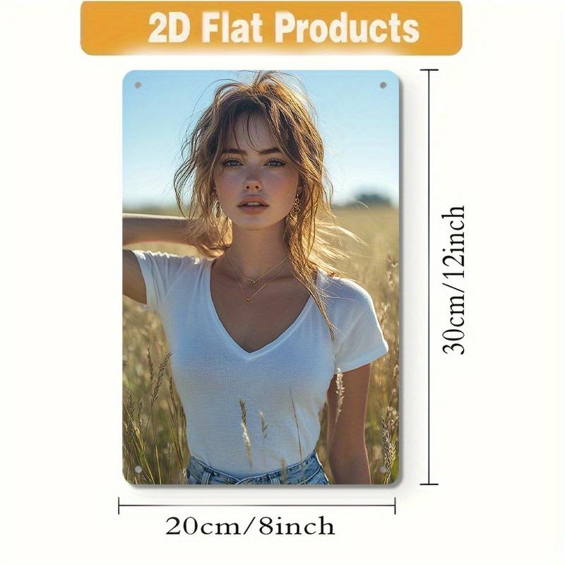 

HD Metal Tin Sign Stunning Redhead Model in White VNeck Tee Sunlit Wheat Field Portrait Wall Art Decor 20x30cm（7.8x11.8inch）