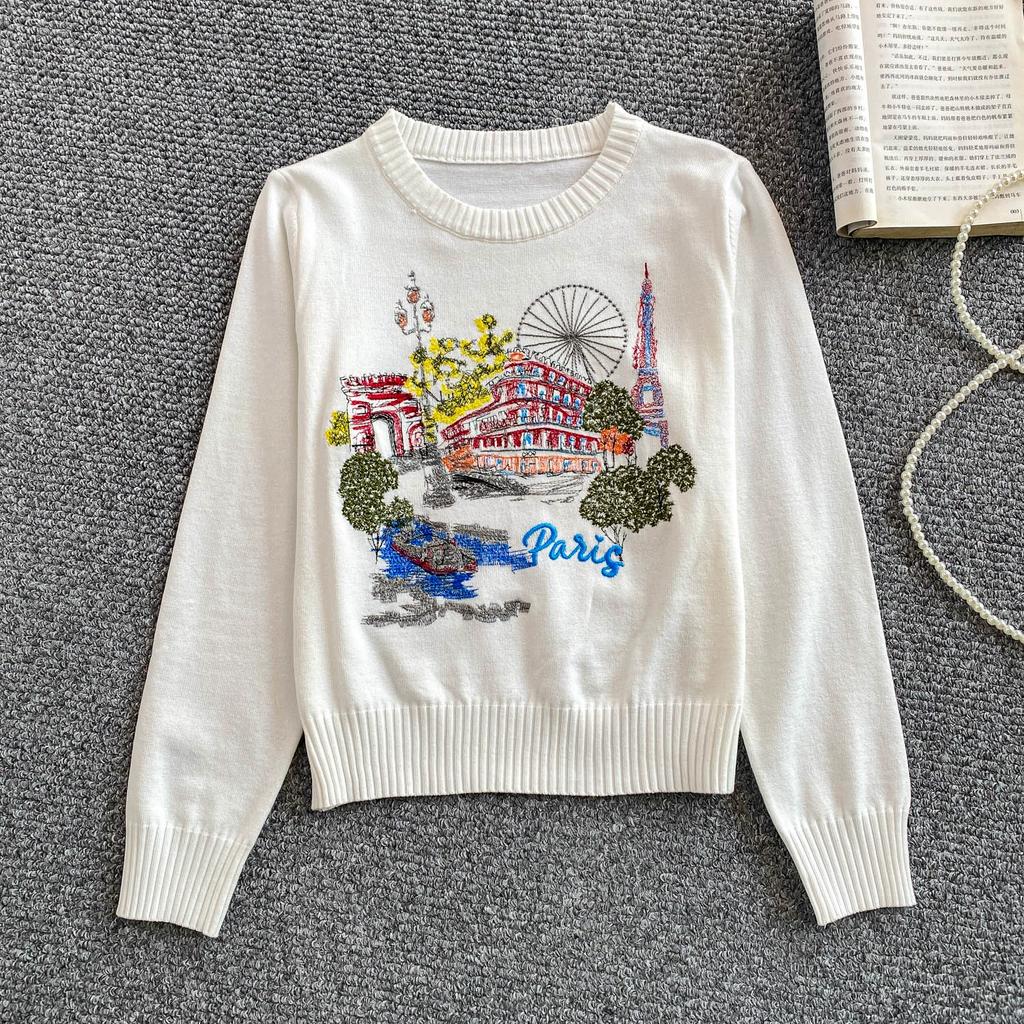Autumn Winter Women O-neck Embroidery Flower Knitted Sweater Pullover Tops for School Girl