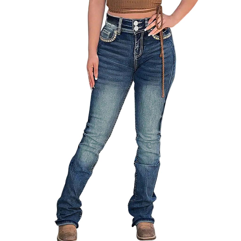 Damen Jeans mit hoher Taille und gewaschener Optik, modische, vielseitige Hose mit geradem Bein