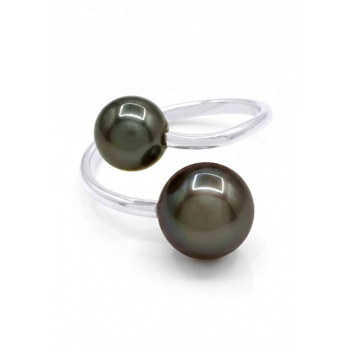 Bague - Pearls & Colors - Perle de Culture de Tahiti 7-8 mm Rondes - Or Blanc 375/1000 - Qualité A+ - Femme