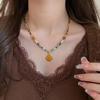 Brown Tiger Eye and Amber Beaded Pendant Necklace with Pearl and Turquoise Clavicle Chain