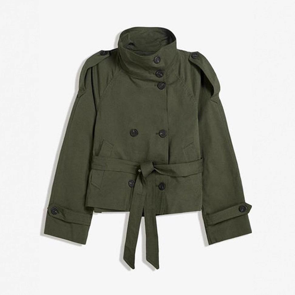 Damen Frühlings-/Herbst-Retro-Mantel mit Revers und doppelreihiger Knopfleiste mit Kordelzug – Vielseitiger Langarm-Kurz-Trenchcoat XS dunkelgrüne