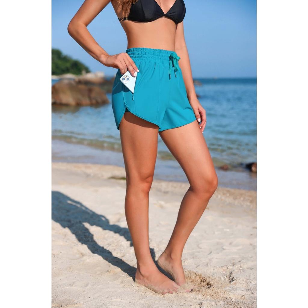 CHARMLEAKS Women's High Waisted Swim Shorts Drawstring Board Shorts with Zipper Pockets Liner
