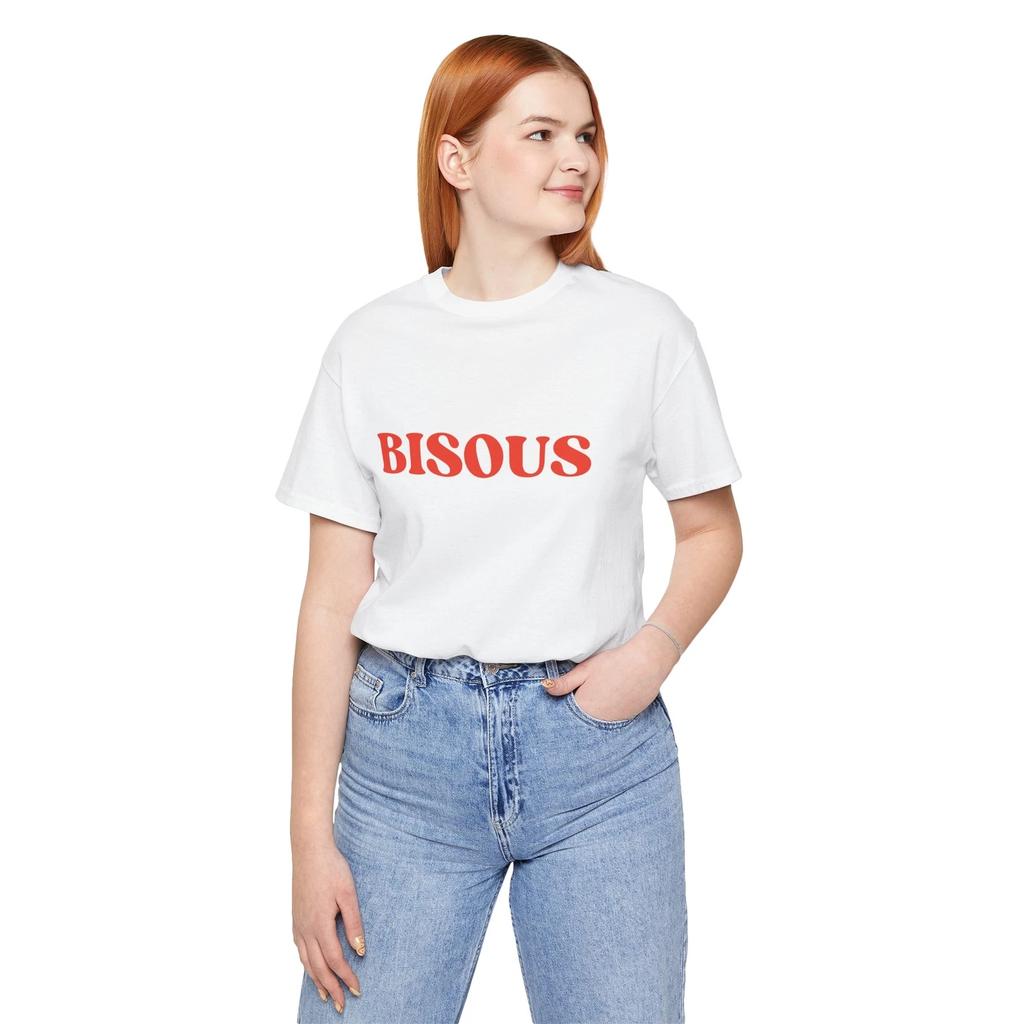 Französisches BISOUS Rote Schrift T-Shirt, Unisex Jersey Baumwolle 'Küsse' Shirt Auf Französisch