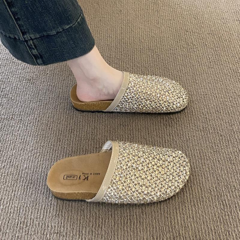 Rhinestone mesh bag head half slippers women's outer wear summer new fashion versatile lazy one pedal cool slippers