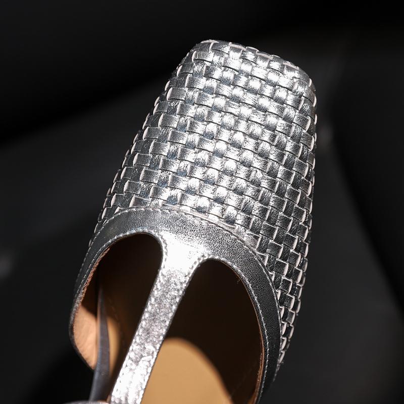 Fashion Women's New Spring/Summer Square Headed Elastic Belt with Genuine Cowhide Square Plaid Low Heel Large Headed Muller Slippers