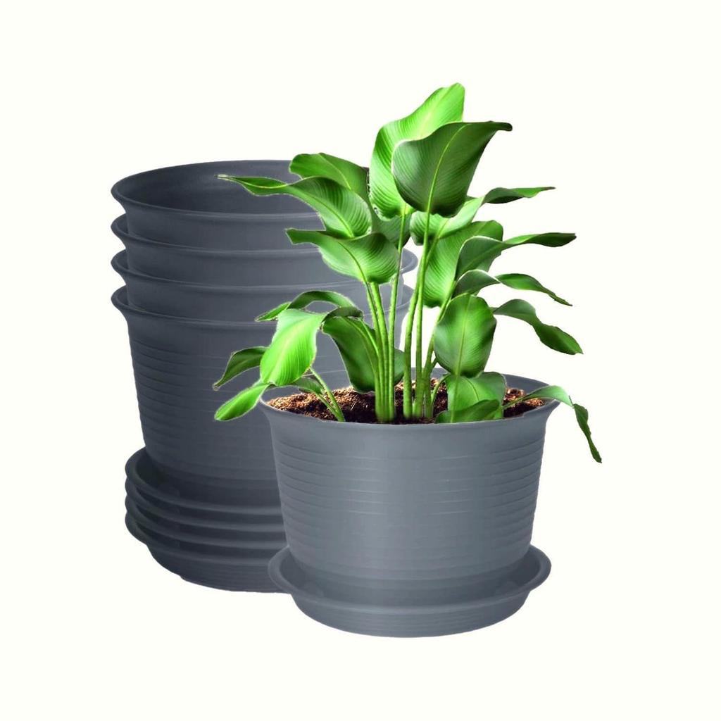 Runde Kunststoff-Blumentöpfe mit Untersetzer für Heim-Pflanzgefäße, Terrasse, Garten usw. | 5er-Pack | Dunkelgrau | für Zuhause drinnen & draußen