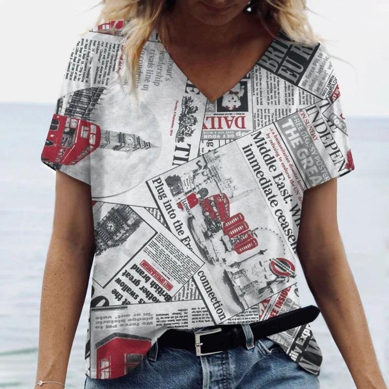 New Newspaper 3D Print T-Shirts Women Casual Fashion Streetwear Short Sleeve V-Neck
