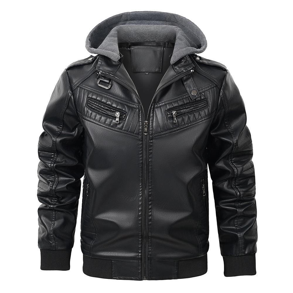 Europe, America, autumn and winter removable hooded PU leather jacket zipper leather jacket men's jacket European size new