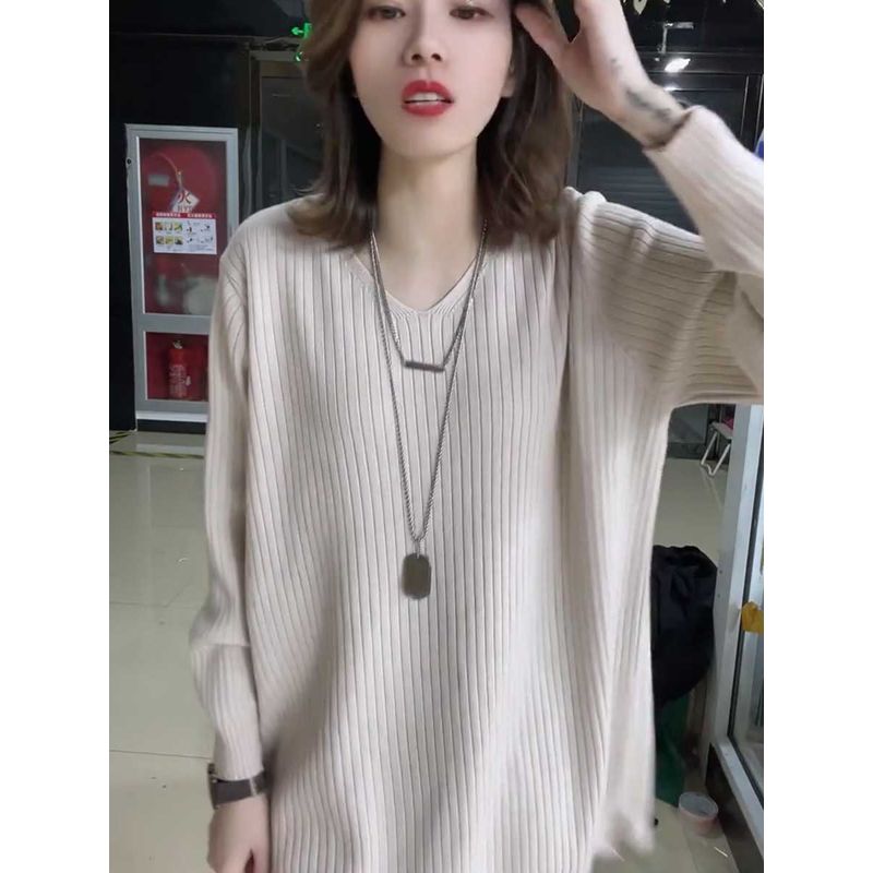 

V Neck Hip-Covering Sunken Stripe Plus Size Long Knitted Sweater Beige All yards