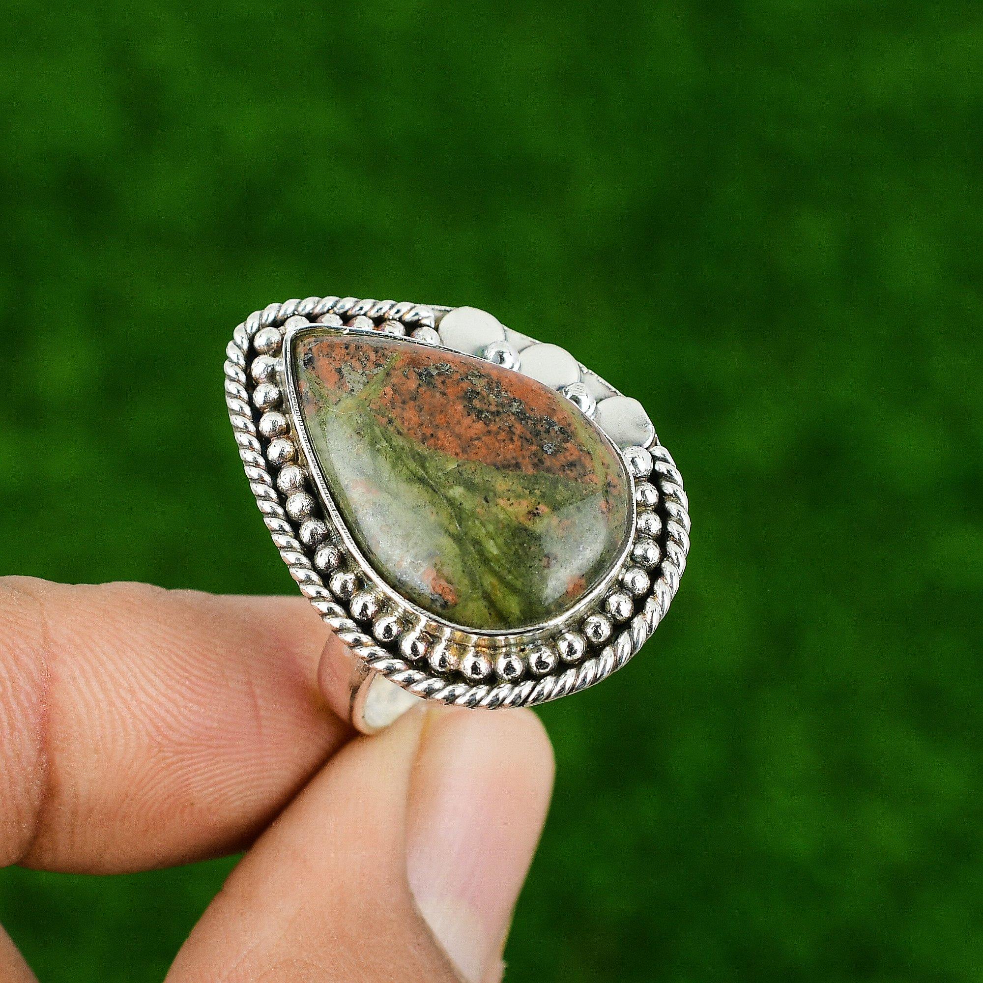 

925 Sterling Silver Pear Grass Garnet Stone Boho Solitaire Wedding Ring Jewelry Adjustable