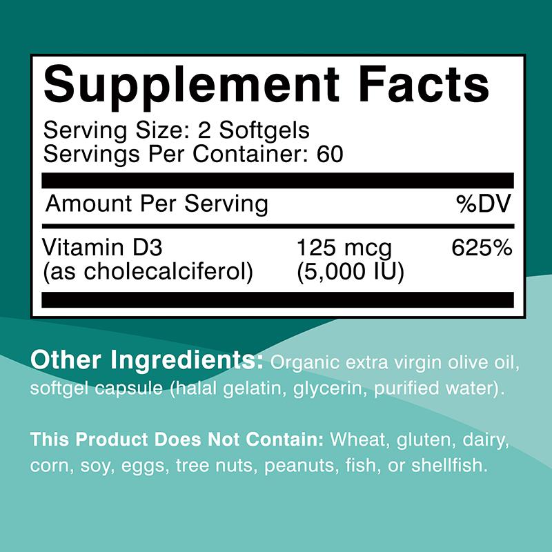 Vitamin D3 Softgels Support the Immune System, Bone Development, and Muscle Function. 120 Softgels.
