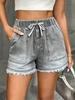 Women's Elastic Drawstring Mid Rise Straight Denim Shorts Non Stretch Frayed Hem Washed Casual Bermuda Shorts