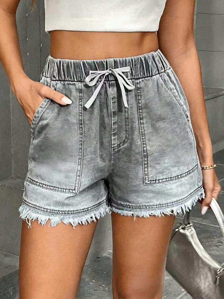 Women's Elastic Drawstring Mid Rise Straight Denim Shorts Non Stretch Frayed Hem Washed Casual Bermuda Shorts