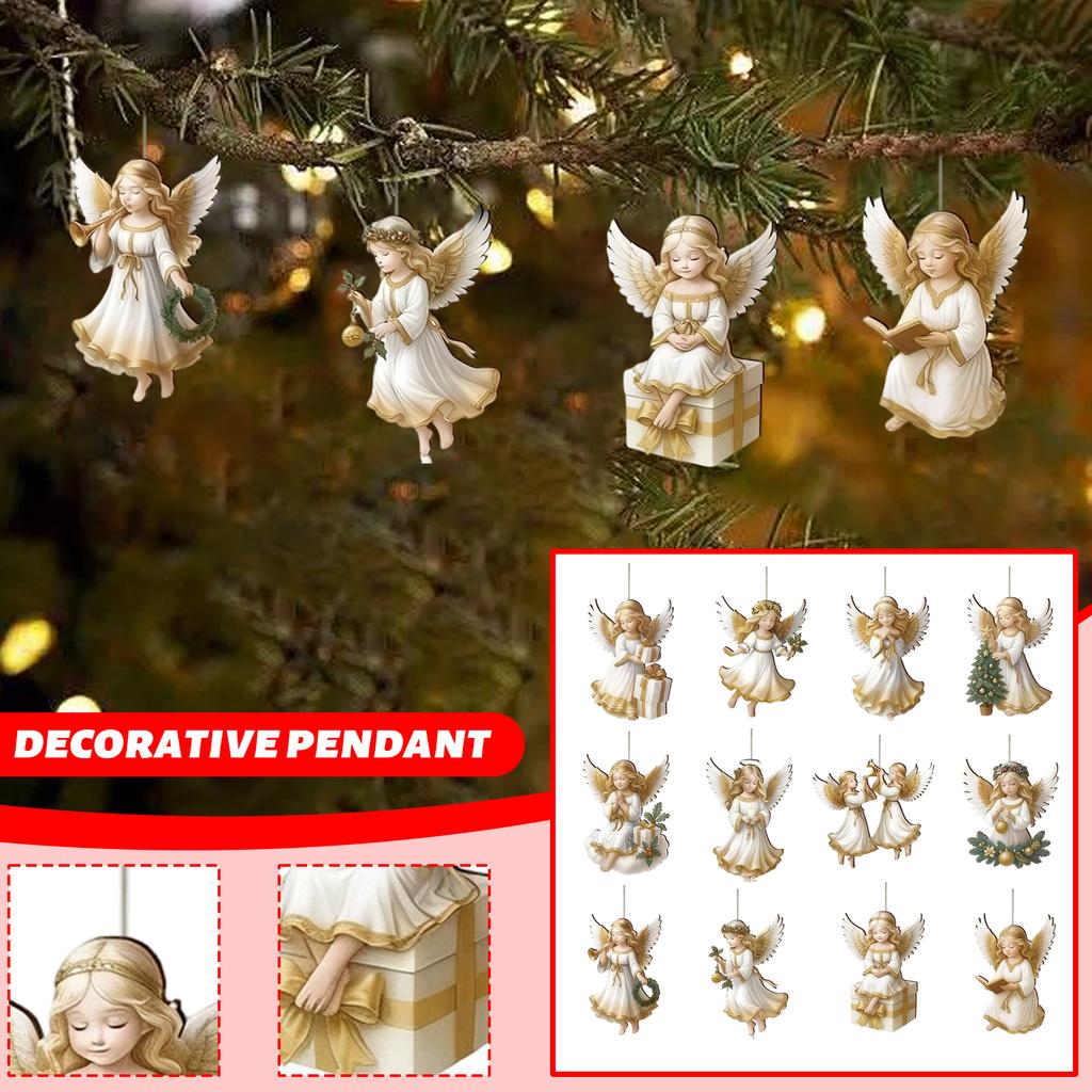 2D 12-teiliges Set Viktorianische Engel Holzdekorationsset, Traditionelle Feiertags-Hausfensterdekoration