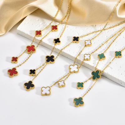Collar Premium de Acero de Titanio con Borla de Trébol de Cuatro Hojas, Collar Sencillo de Flor de Cuatro Hojas de Doble Cara para Mujer