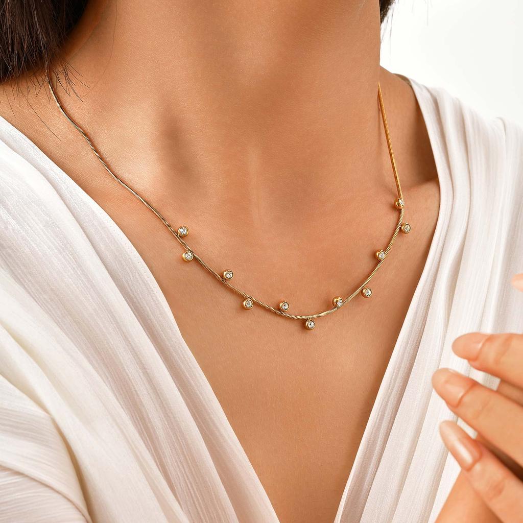 Dainty Round Snake Chain White Zircon Necklace,Gold Plated Women's Stainless Steel Necklaces,Fashion Charm Jewelry Gifts