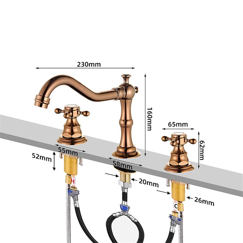 Tuqiu Basin Faucet Brass Rose Gold Bathroom Faucet Antique Sink Faucet 3 Hole Double Handle Hot & Cold Wash Faucet Water Tap