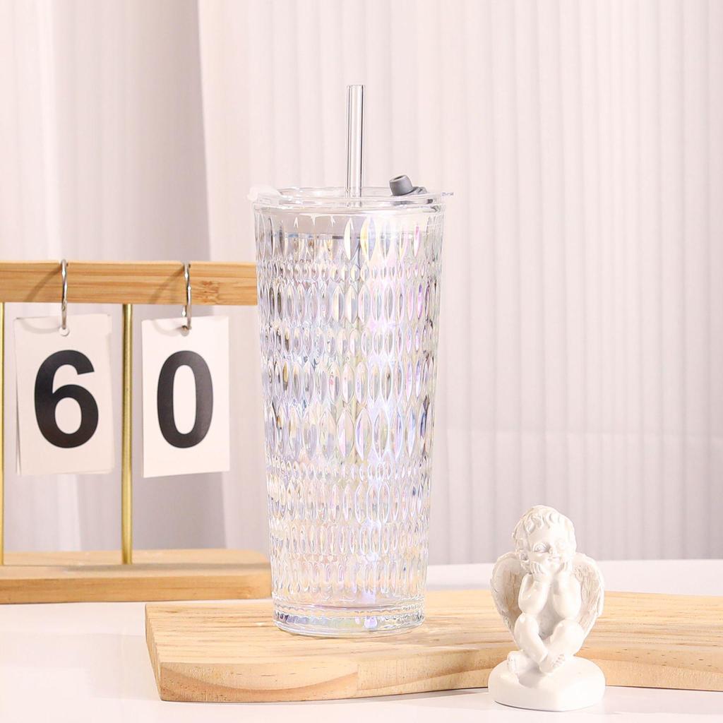 Large Capacity Transparent Glass Straw Cup with Lid for Office Drinks: Milk Tea, Coffee, Americano, Latte, Juice